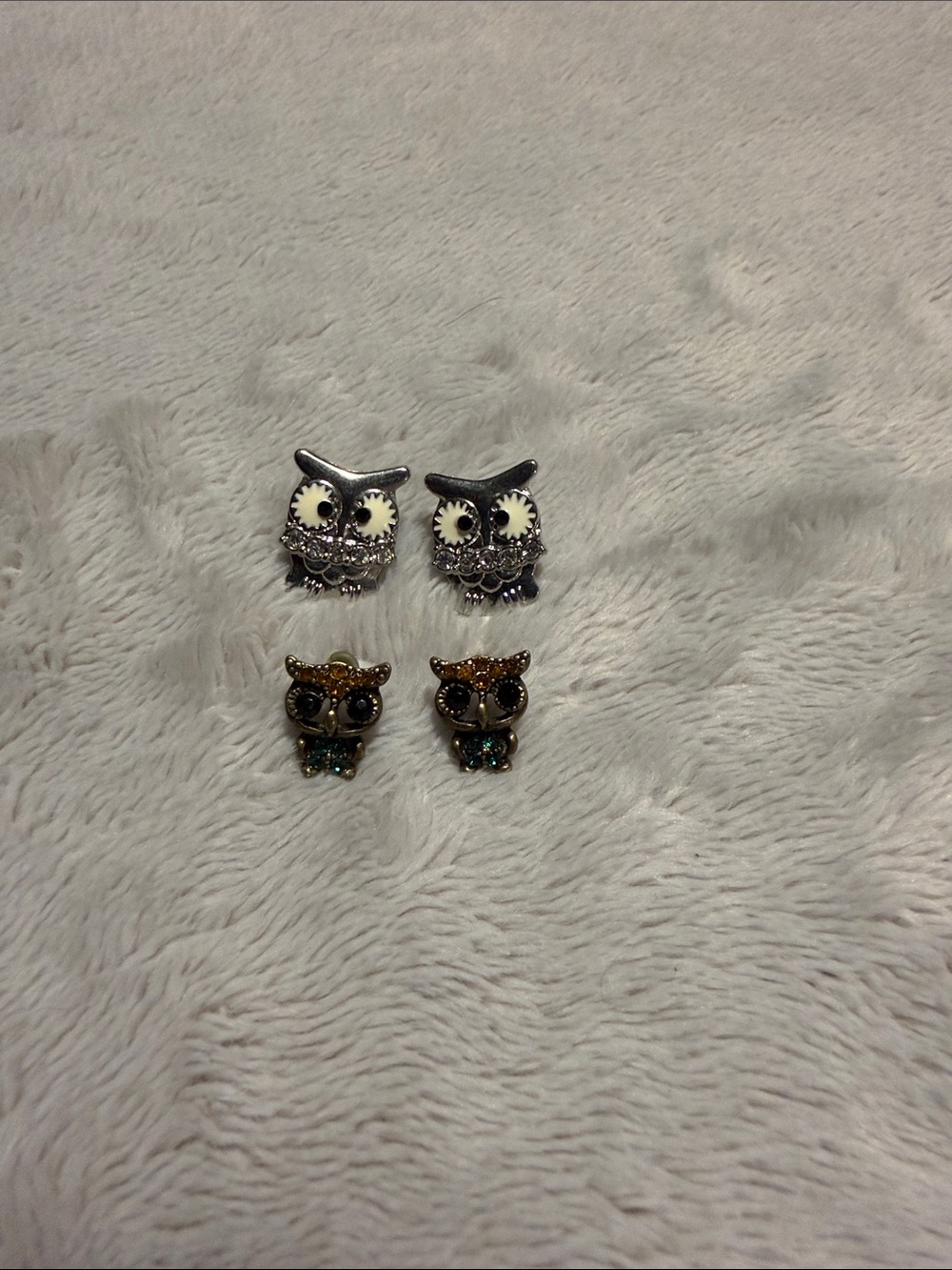 Cute Owl Stud Earrings - Silver and Brown - Two Sets